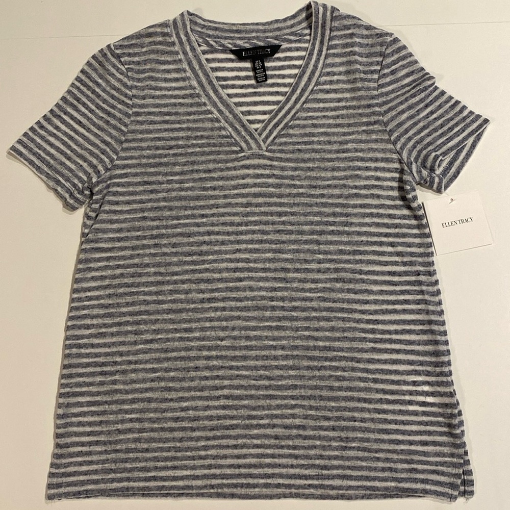 Ellen Tracy Medium Striped V-Neck Shirt Short Sleeve New Top Linen Blend New